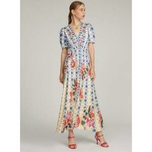 SOLANI Lea Long Dress In Opal Trellis Print 100% Silk Size 6 worn once